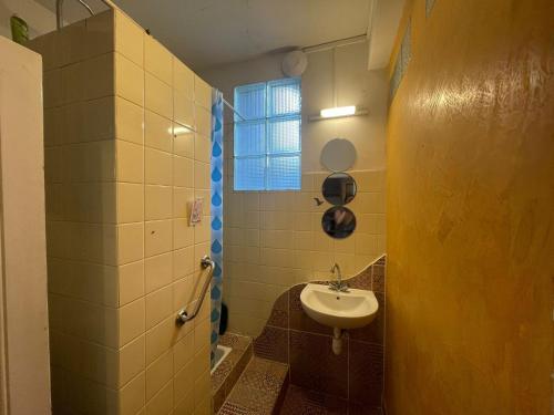 une petite salle de bain avec un lavabo et une fenêtre dans l'établissement Chambre Bugrane, à Toulouse