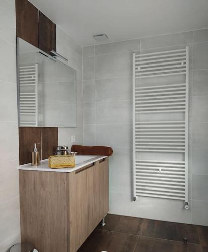 - une cuisine avec un comptoir et un évier dans l'établissement Maison avec piscine, boulodrome dans les Pyrénées, à Asson