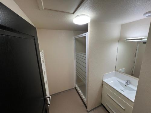 une salle de bain avec un lavabo et un miroir dans l'établissement Domaine de Bacchus-Villa Occitane-Climatisée 4 couchages, à Saint-Christol