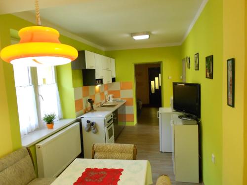 a kitchen with green and yellow walls and a table and a television at Penzion Gott in Lipova Lazne