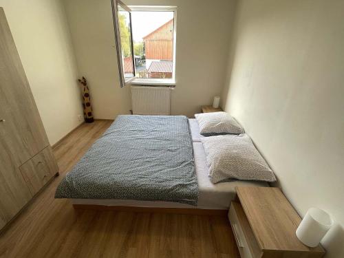 a bedroom with a bed in a room with a window at Apartmán Kocourkov in Jáchymov