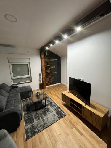 a living room with a couch and a flat screen tv at LiboroApartments in Niš