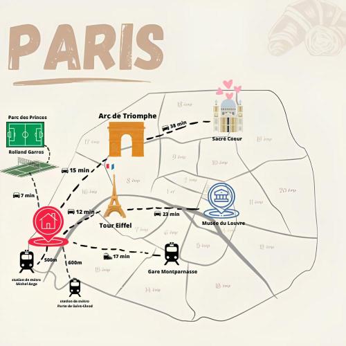 une carte de paris avec des sites touristiques et des attractions dans l'établissement View sur la Seine, à Paris