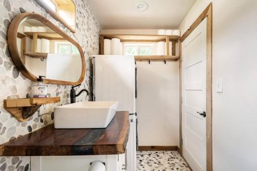 a bathroom with a sink and a mirror at Cozy Coop Casita - Lake Travis-Hot Tub-Tiny House in Austin