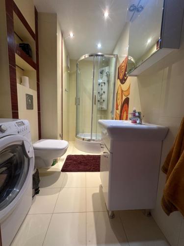 a bathroom with a sink and a washing machine at Private Apartment Poznań - Free Parking - Netflix in Poznań