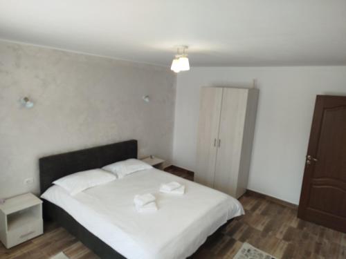 a bedroom with a white bed with two pillows at Dimitra in Piatra Neamţ