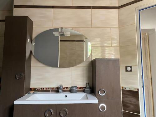 une salle de bain avec un lavabo et un miroir dans l'établissement Grande maison au centre Ville des Andelys, aux Andelys