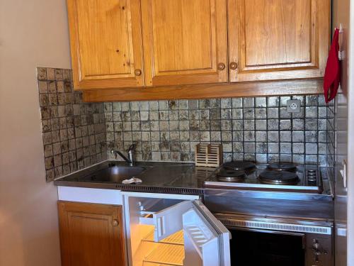 une cuisine avec une cuisinière et un évier dans l'établissement Charmant Duplex à Autrans, 6 pers, 45m², Proche Pistes et Commerces, Balcon Sud - FR-1-737-58, à Autrans