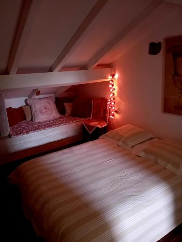 - 2 lits dans une chambre éclairée dans l'établissement Le Chai de Serres, à Artassenx