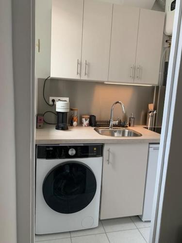 une cuisine avec une machine à laver et un évier dans l'établissement Charmant 2 pièces rénové parc des expositions porte de Versailles, à Vanves