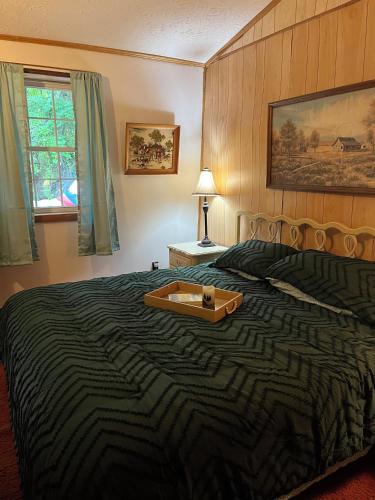a bedroom with a large bed with a tray on it at Cabin in the Clouds in Stanley