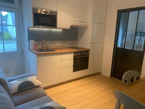 - une cuisine avec un canapé, un évier et un four micro-ondes dans l'établissement Charmant T2 meublé plein centre et proche plage, à Dinard