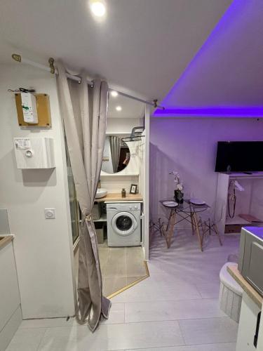 une chambre aux murs violets et un lave-linge. dans l'établissement L'Elysée, à Marseille