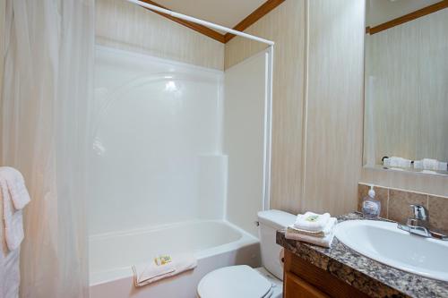a bathroom with a sink and a toilet and a tub at Plymouth Rock Camping Resort Deluxe Cottage in Elkhart Lake