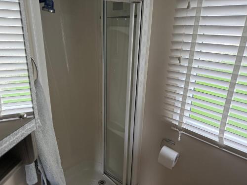 a bathroom with a shower and a toilet paper roll at Millie’s caravan in Abergele