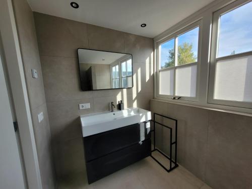 a bathroom with a white sink and a mirror at Vakantiehuis de Zeeuwse Zonnehoed in Serooskerke