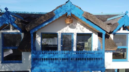 a house with blue trim and a fence at Wild Carp in Dunavăţu de Jos