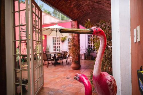 two pink flamingos standing outside of a house at Casa Flamingos en el centro de Tlaquepaque in Guadalajara