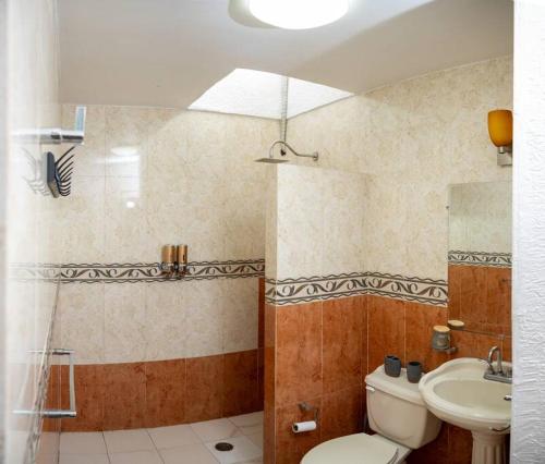 a bathroom with a toilet and a sink at Casa Flamingos en el centro de Tlaquepaque in Guadalajara