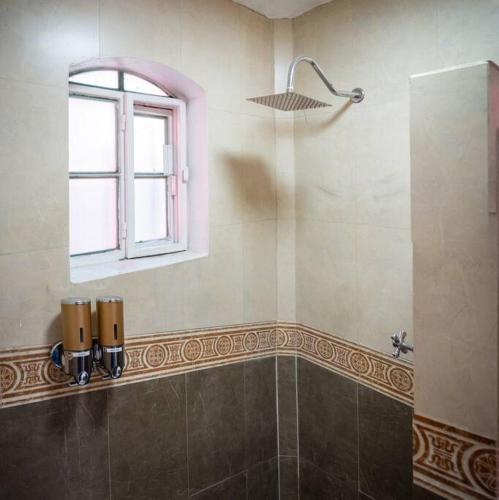 a bathroom with a shower with a window and a sink at Casa Flamingos en el centro de Tlaquepaque in Guadalajara