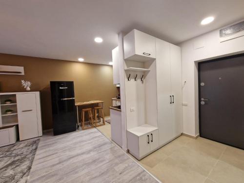 a kitchen with white cabinets and a black refrigerator at Albert Apartament 2 in Roşu