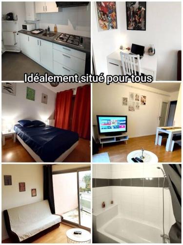 un collage de quatre photos d'une pièce dans l'établissement Idéalement situé pour tous III, à Dijon