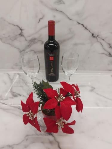 a bottle of wine and two wine glasses on a marble counter at Aquarium House in Kalabaka