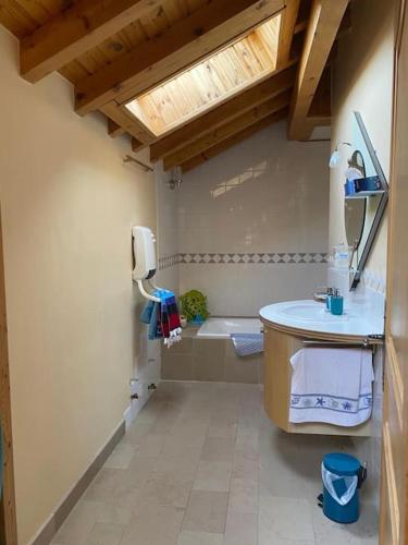une salle de bain avec un lavabo et une baignoire dans l'établissement Villa au calme entre lacs et montagnes, à Pers-Jussy