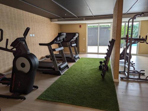 a gym with tread machines and a green rug at 113 Rocks in Heredia