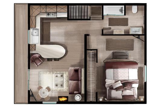 a floor plan of a small apartment with at Alaska's Point of View Full Suite in Seward