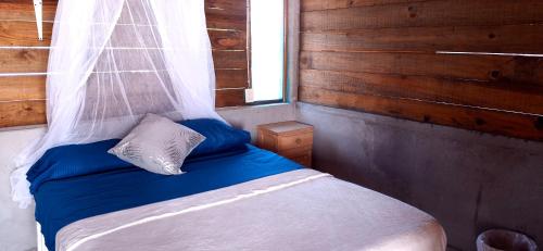 a bedroom with a bed with blue sheets and a window at El Cielo Hostel in Barra de la Cruz