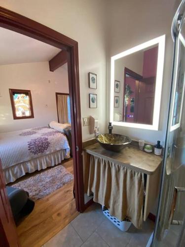 a bathroom with a sink and a bed and a mirror at Studio-Alaska's Point of View-Private-intown in Seward