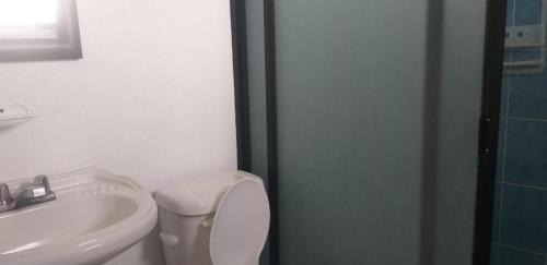 a bathroom with a white toilet and a sink at Hotel Mariam in Tecolutla