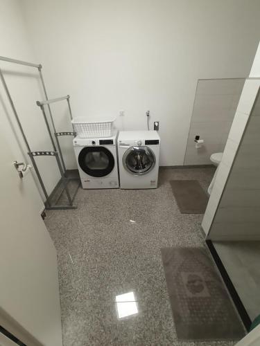 a bathroom with a washing machine and a toilet at Ruhig gelegene Wohnung Am Schlosspark in Biebrich