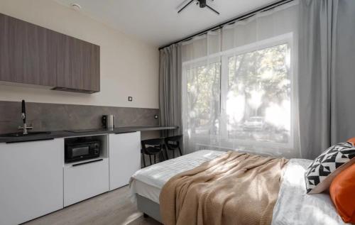 une chambre avec un lit et une grande fenêtre dans l'établissement 1 Bd Green Home OAK, à Lille