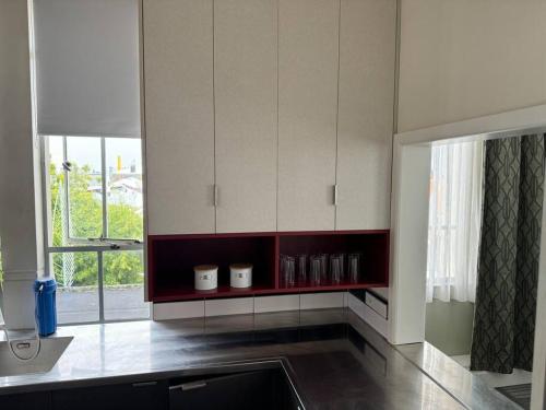 哈士汀4 large bedroom Apartment in the City的带白色橱柜和水槽的厨房