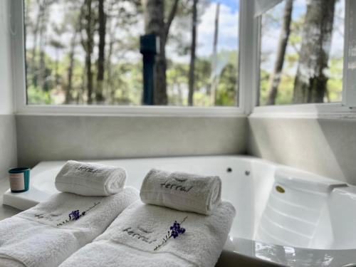 a bathroom with towels and a tub and a window at Terral Suites in Mar de las Pampas