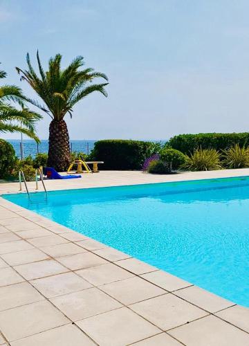 une piscine bleue avec des palmiers et l'océan dans l'établissement Emplacement exceptionnel pour 4 personnes, à Boulouris-sur-Mer