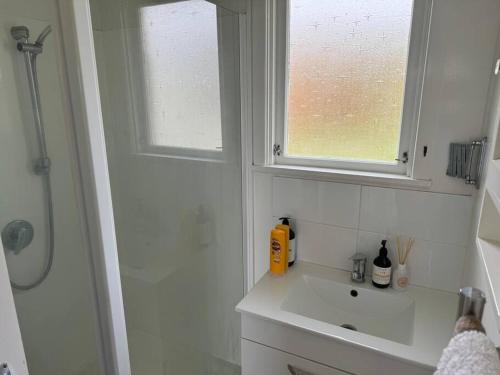 a white bathroom with a sink and a window at Three Fifty Cottage in Havelock North