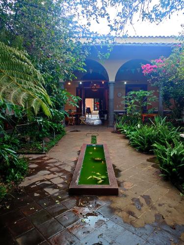 a garden with a fountain in the middle of a courtyard at Casa Morfo Cultura in Coatepec