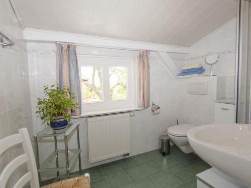 a bathroom with a sink and a toilet and a window at Ostseewelle Comfortable holiday residence in Middelhagen