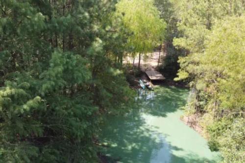 a view of a river with a boat in it at Waterfront Container House In A Magical Forest! in Waller