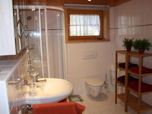 Un baño con ducha, lavabo e inodoro. en Hintermair Comfortable holiday residence, en Garmisch