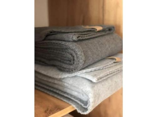 una pila de toallas sentadas en un estante en DomiLia Comfortable holiday residence, en Owingen