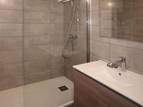 une salle de bain avec douche et lavabo dans l'établissement Bel appartement 2 pièces, accès pistes, Les Orres - FR-1-322-652, aux Orres