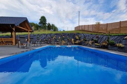 a swimming pool with blue water in a yard at Holiday Home Wi niowa with Pool and Nature in Iwierzyce