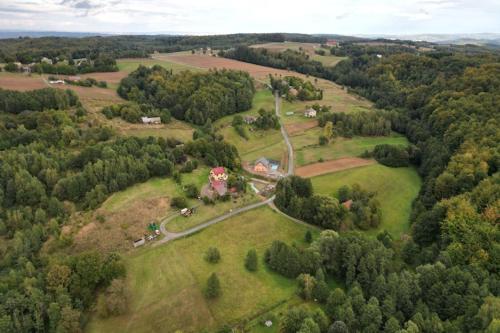 an aerial view of a house on a green field at Holiday Home Wi niowa with Pool and Nature in Iwierzyce