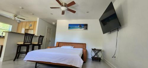 a bedroom with a bed and a flat screen tv at Seagate Cottage in Naples