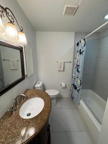 a bathroom with a sink and a toilet and a shower at Seagate Cottage in Naples