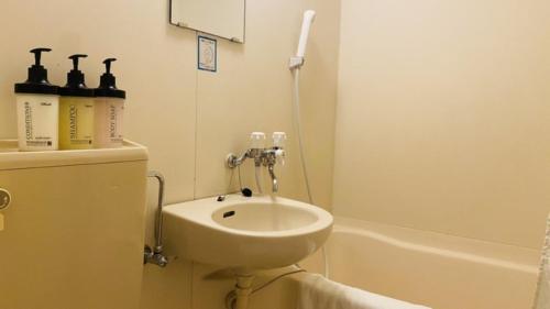 a bathroom with a sink and a bath tub at Business Hotel Sunpu in Shizuoka